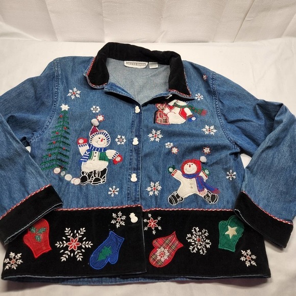 Dress Barn Tops - Dress Barn Winter Snowman Holiday Button Down Denim Shirt Size Small
